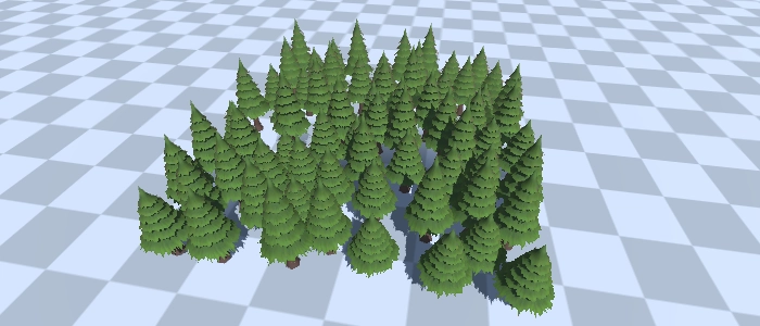 3D forest model showing a dense cluster of trees across a mapped grid